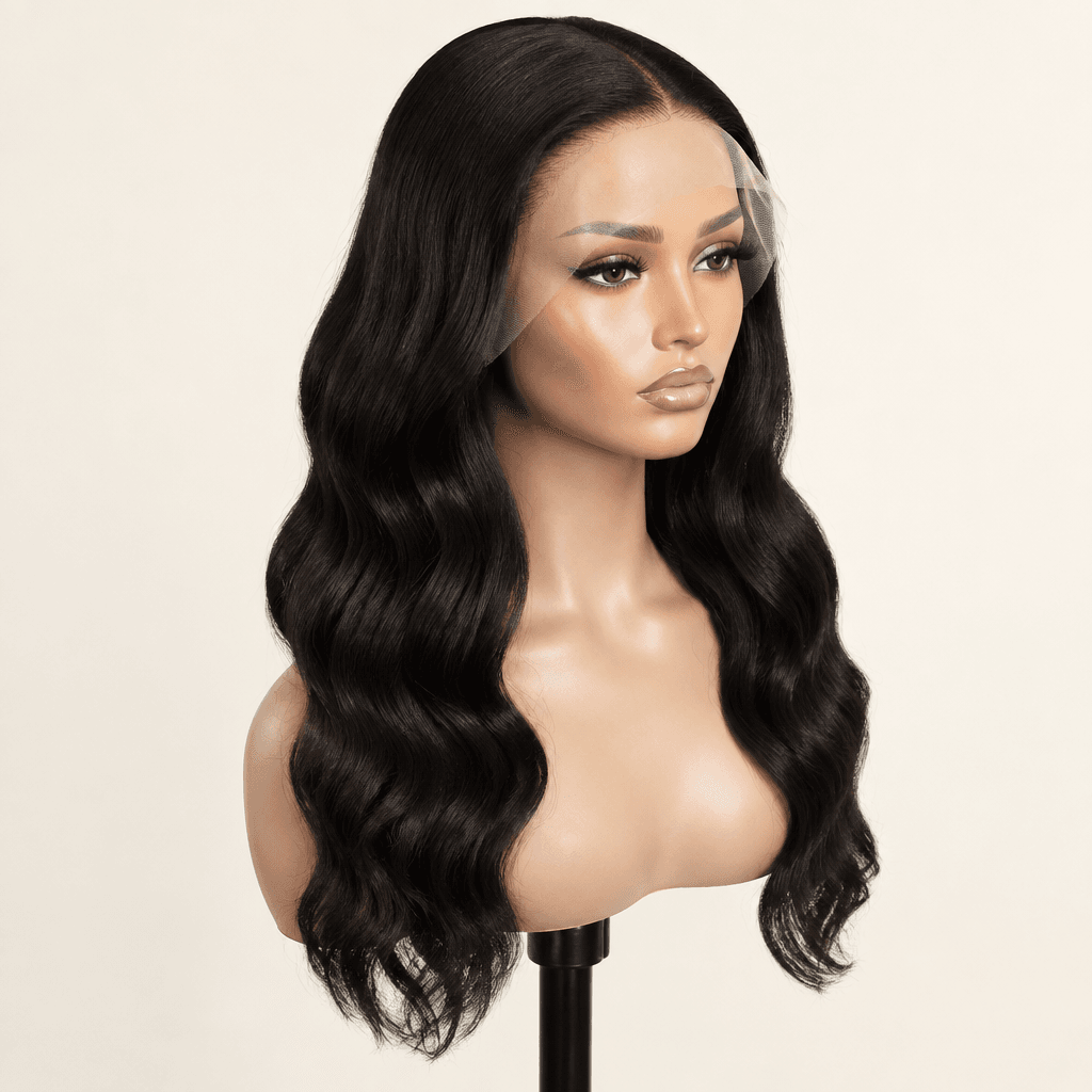 Illustrative studio image of a natural black body wave wig on a mannequin