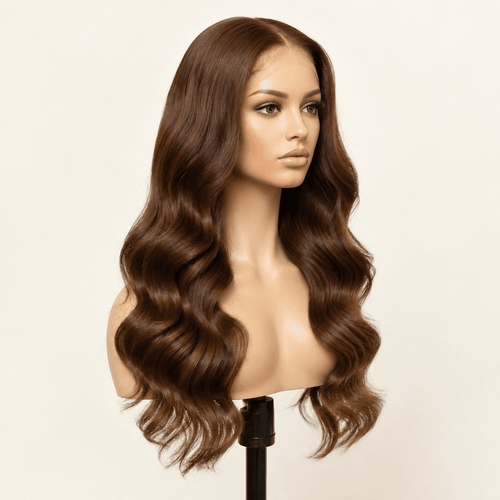 Illustrative studio image of an 18-inch brown body wave wig on a mannequin