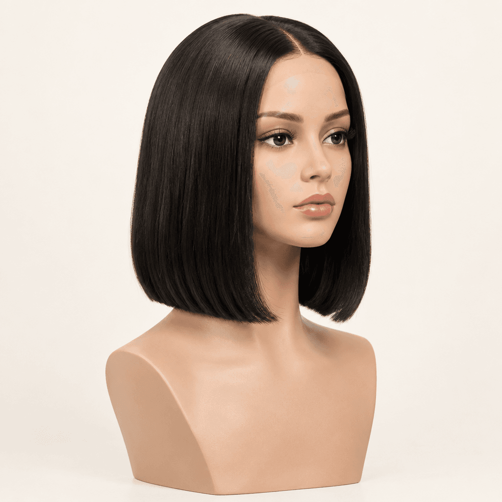 Illustrative studio image of a 14-inch natural black bob wig on a mannequin