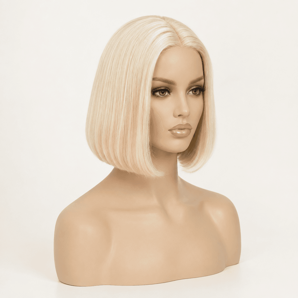 Illustrative studio image of a 613 blonde bob wig on a mannequin