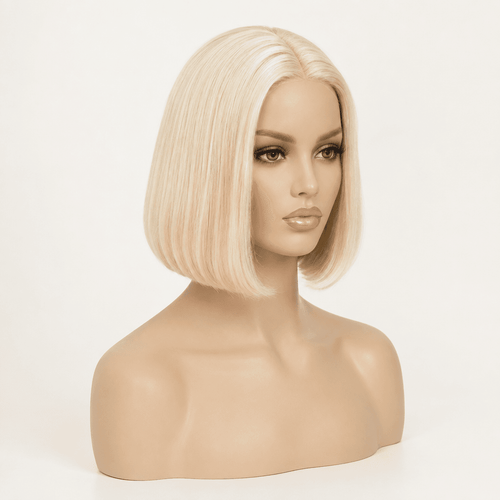 A straight, shoulder-length blonde bob wig displayed on a beige mannequin bust against a plain white studio background.