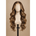 Illustrative image of a 22-inch P4/27 highlighted body wave wig on a mannequin and display stand