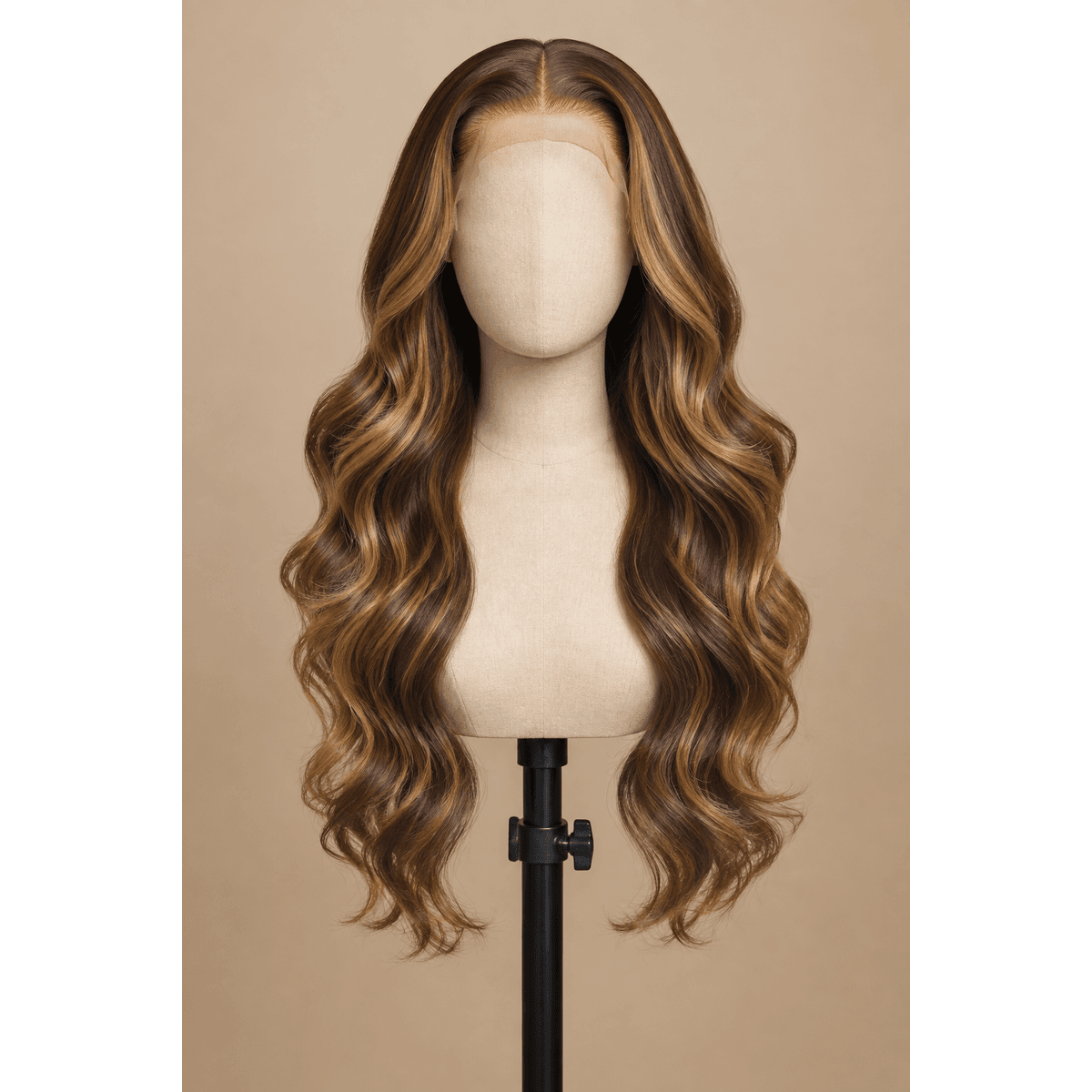Illustrative image of a 22-inch P4/27 highlighted body wave wig on a mannequin and display stand