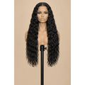 Illustrative image of a 26-inch natural black water wave wig on a display stand