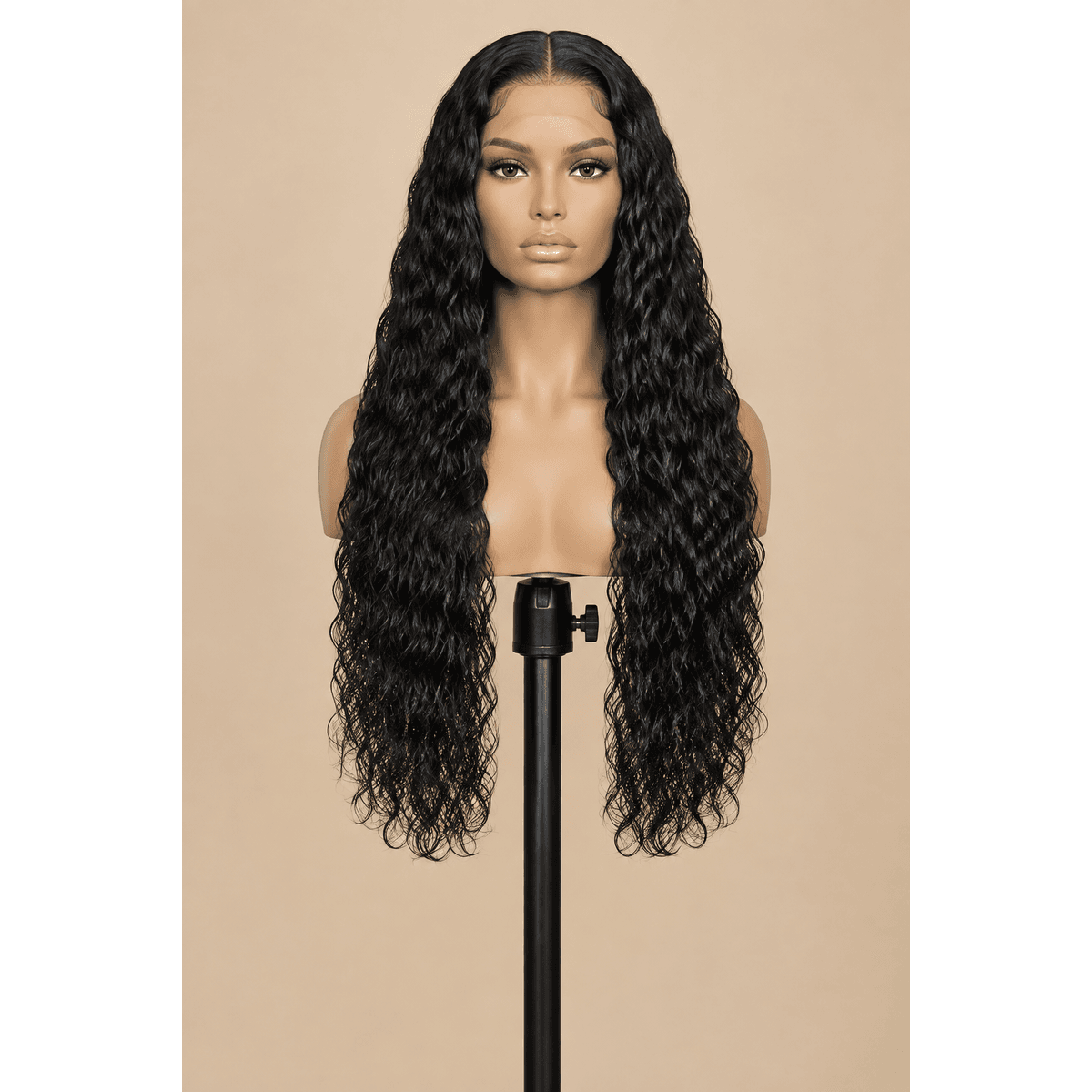 Illustrative image of a 26-inch natural black water wave wig on a display stand