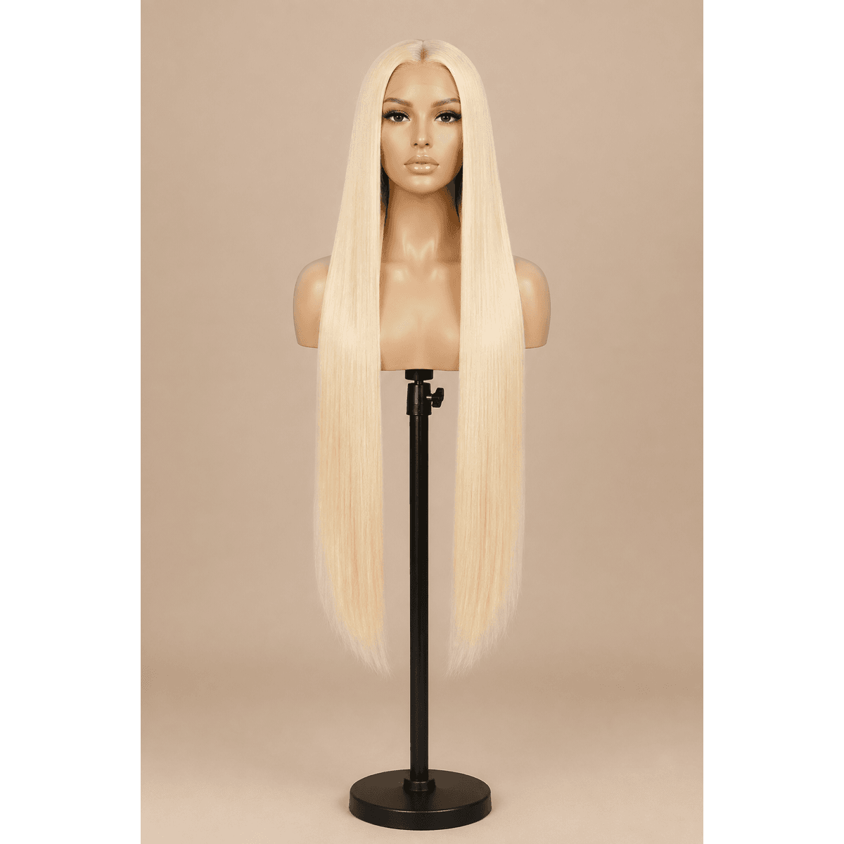 Illustrative image of a long 613 blonde straight wig on a display stand; length not verified from image