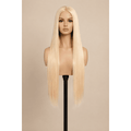 Illustrative image of a 24-inch 613 blonde straight wig on a display stand