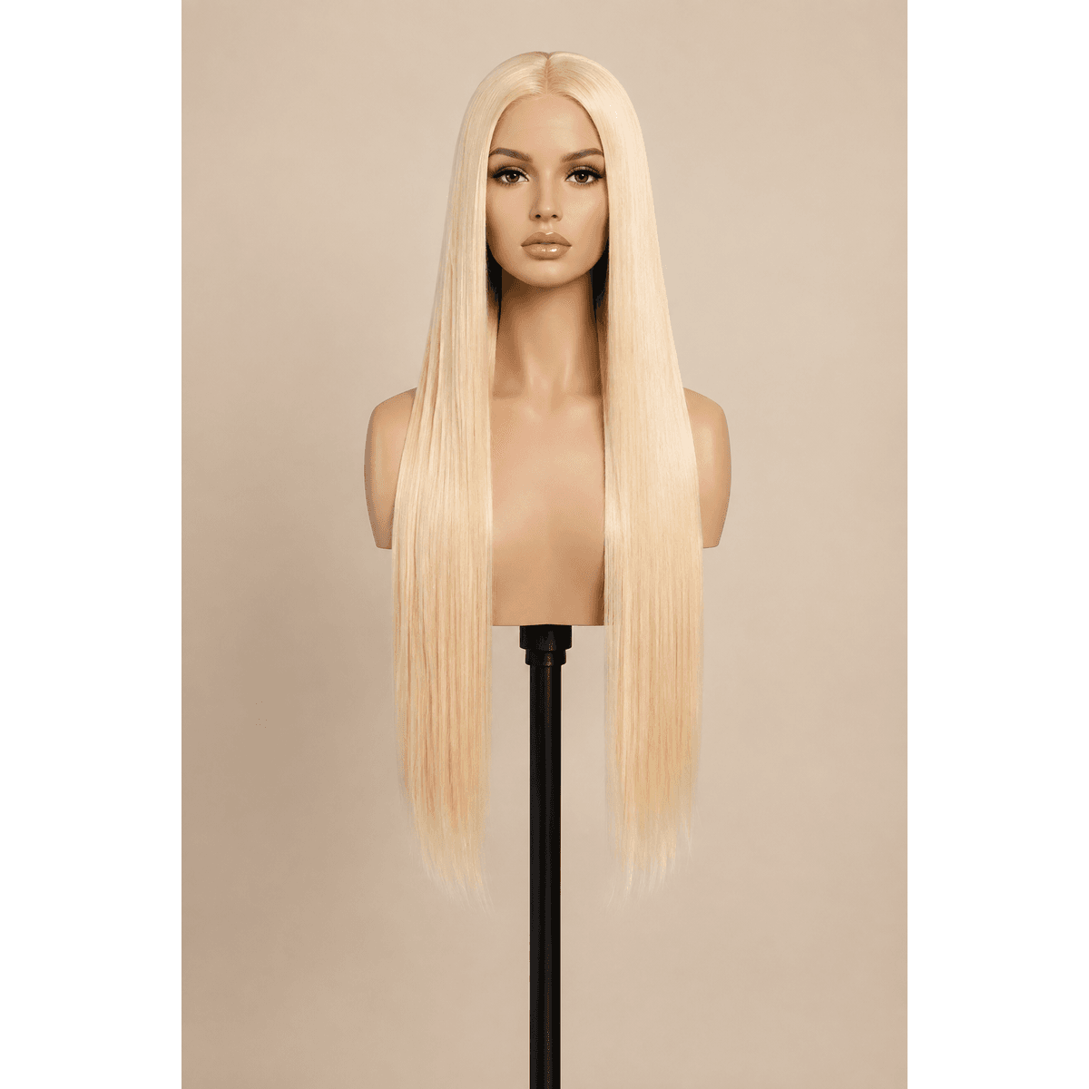 Illustrative image of a 24-inch 613 blonde straight wig on a display stand