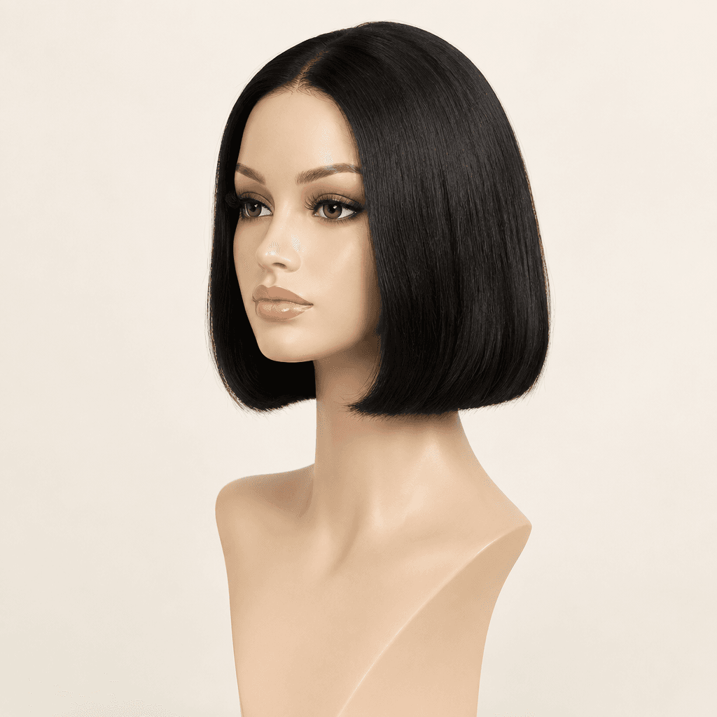 Illustrative studio image of a short natural black bob wig on a mannequin