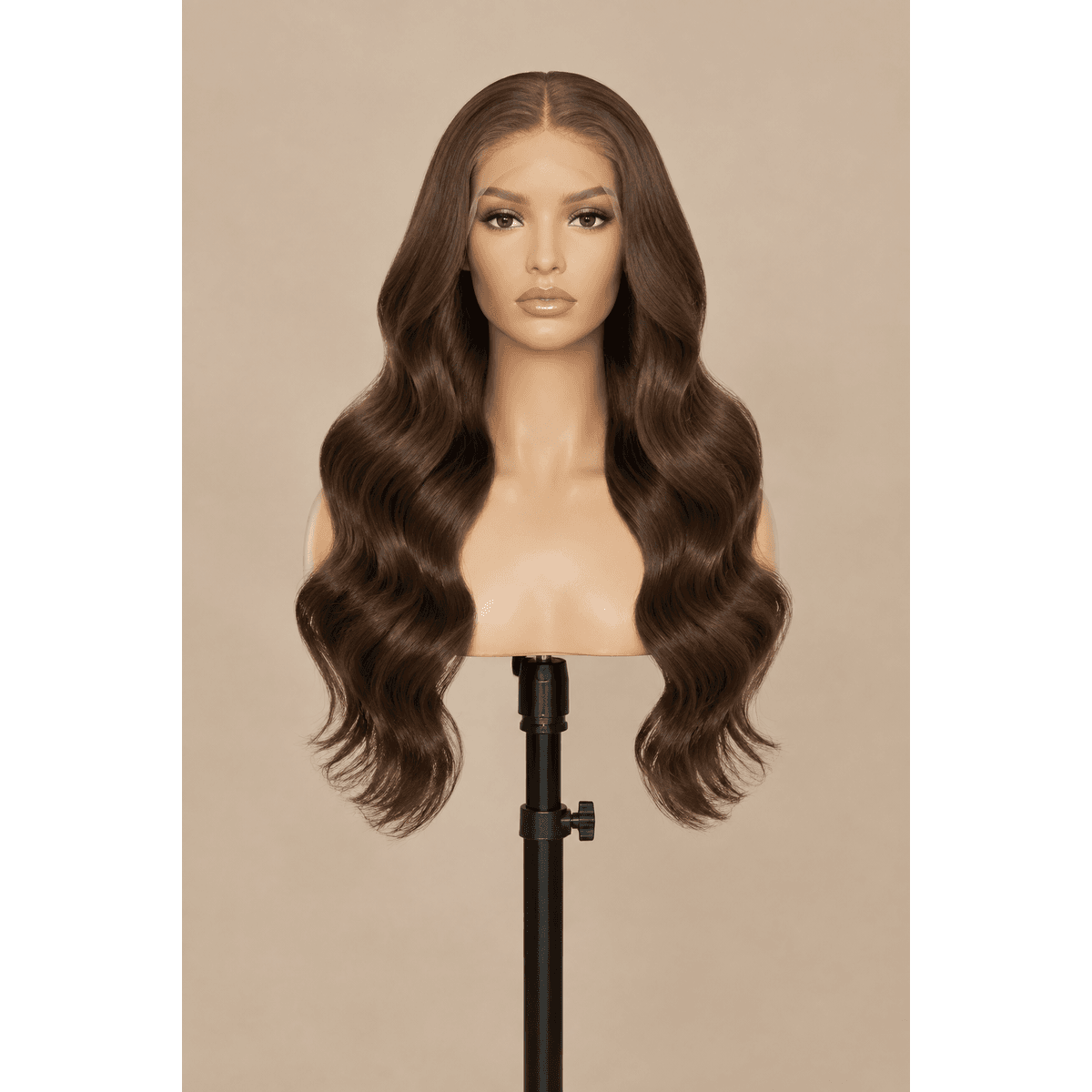 Illustrative image of a 22-inch #4 brown body wave wig on a display stand
