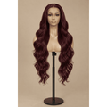 Illustrative image of a 26-inch #99J burgundy body wave wig on a display stand