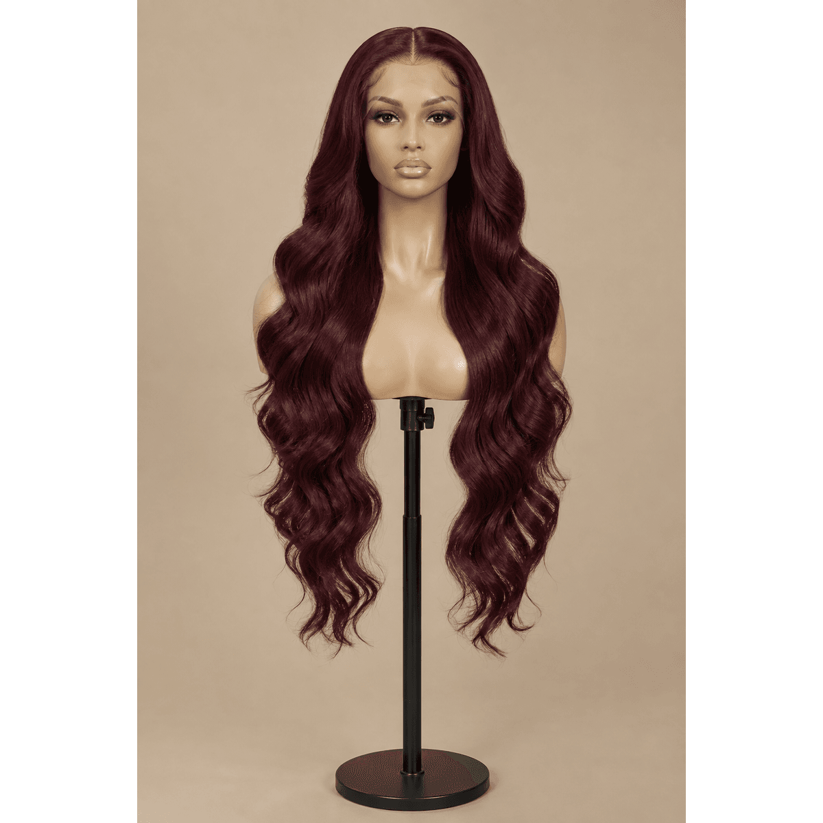 Illustrative image of a 26-inch #99J burgundy body wave wig on a display stand