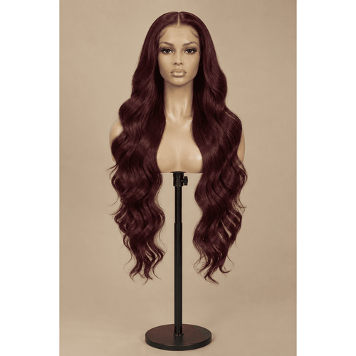 Illustrative image of a 26-inch #99J burgundy body wave wig on a display stand