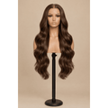 Illustrative image of a 26-inch #4 brown body wave wig on a display stand