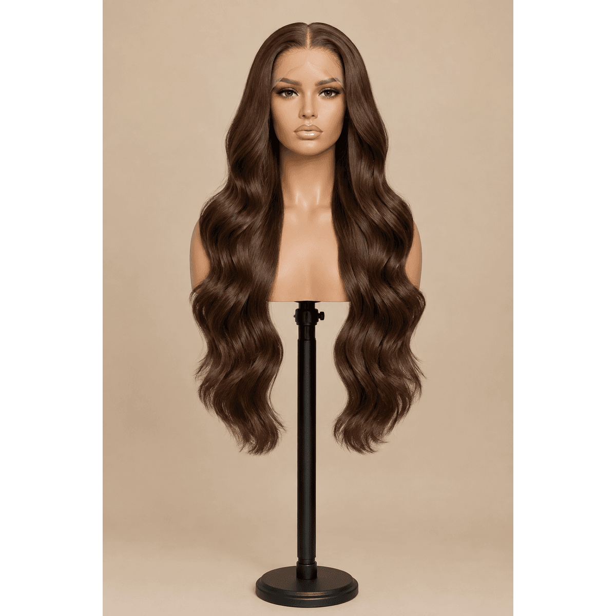 Illustrative image of a 26-inch #4 brown body wave wig on a display stand