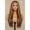 Illustrative image of a 24-inch #4 brown straight wig with honey highlights on a stand