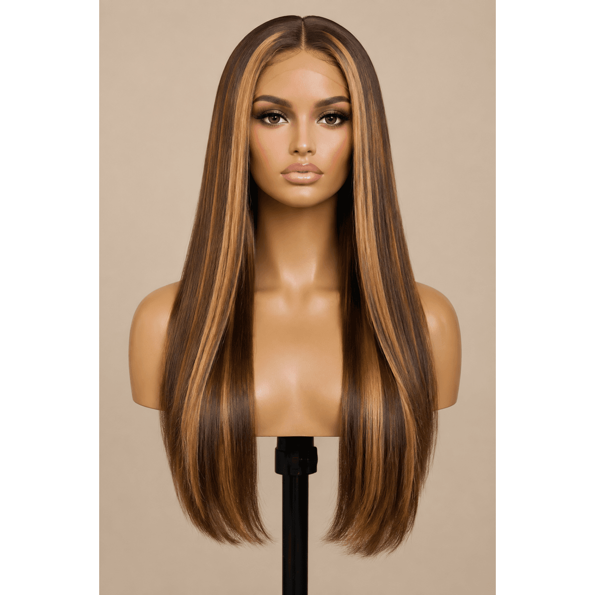 Illustrative image of a 24-inch #4 brown straight wig with honey highlights on a stand